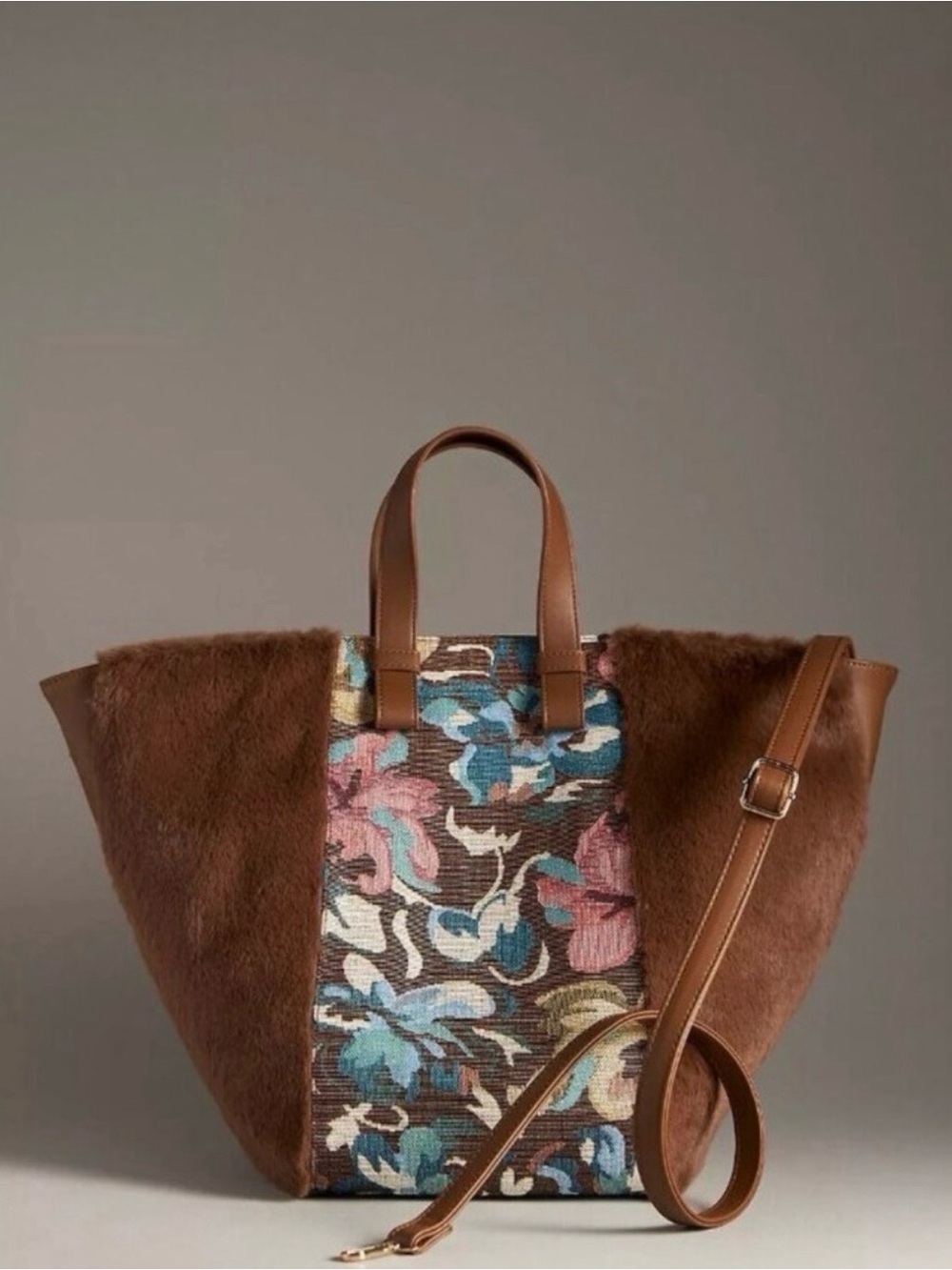 Anthropologie Artsy Brown Floral Tapestry Faux Fur Satchel with Leather Straps